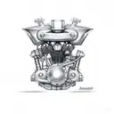 A motorcycle engine with music notes as the pistons tattoo design idea