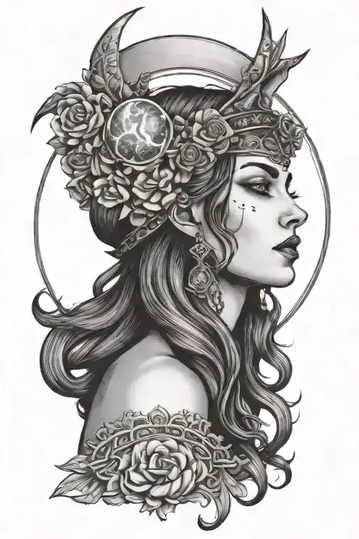 wicca goddes wearing a moon headband tattoo design idea