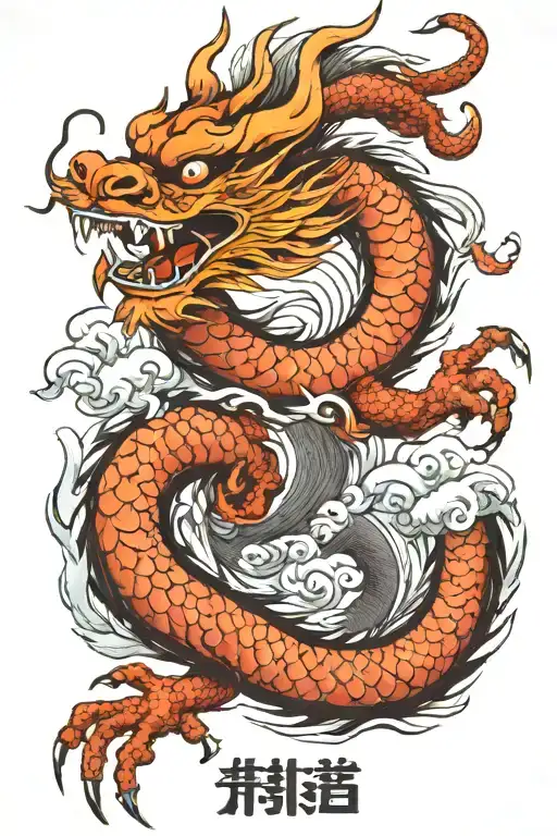 Chinese dragon with hieroglyphs on hand tattoo design idea