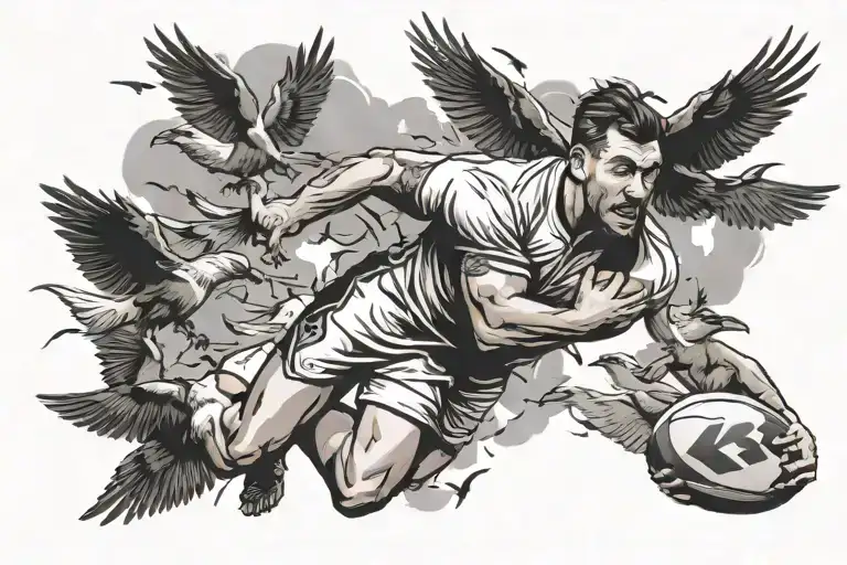 Design a tattoo featuring a rugby league player surrounded by a flock of birds, representing the client's passion for both sports and nature tattoo design idea