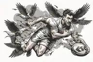 Design a tattoo featuring a rugby league player surrounded by a flock of birds, representing the client's passion for both sports and nature tattoo design idea