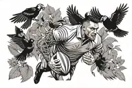 Design a tattoo featuring a rugby league player surrounded by a flock of birds, representing the client's passion for both sports and nature tattoo design idea
