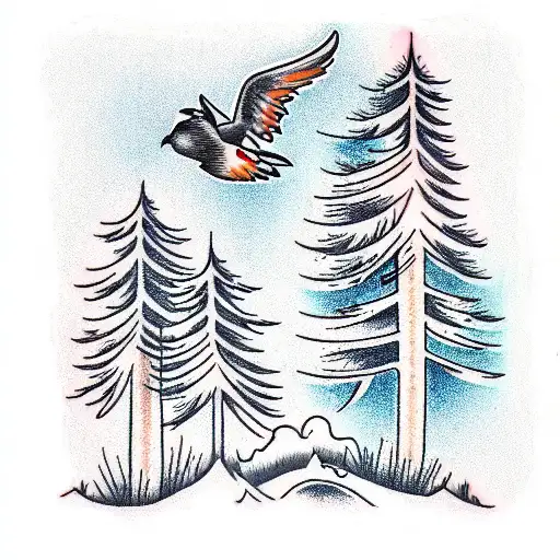 tall Pine Tree and Bird flying tattoo design idea