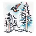 tall Pine Tree and Bird flying tattoo design idea