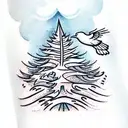 tall Pine Tree and Bird flying tattoo design idea