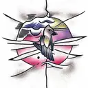 tall Pine Tree and Bird flying tattoo design idea