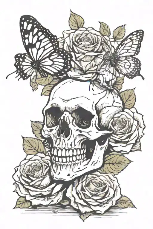 skull biting rose with butterfly  tattoo design idea