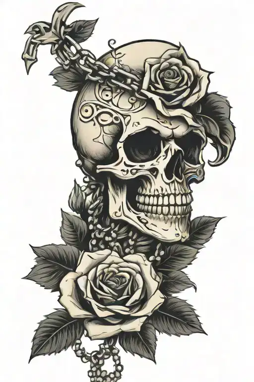 skull biting rose with rosary  tattoo design idea
