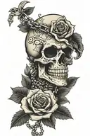 skull biting rose with rosary  tattoo design idea