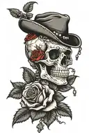 skull biting rose with rosary  tattoo design idea