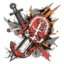 use the text TIER ONE with an Anchor double Cannons with sword and shield and lightning  tattoo design idea