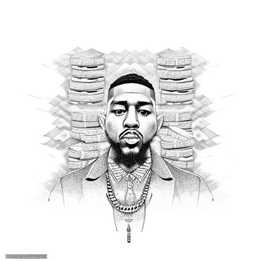 A detailed portrait of a rapper surrounded by stacks of money and guns tattoo design idea