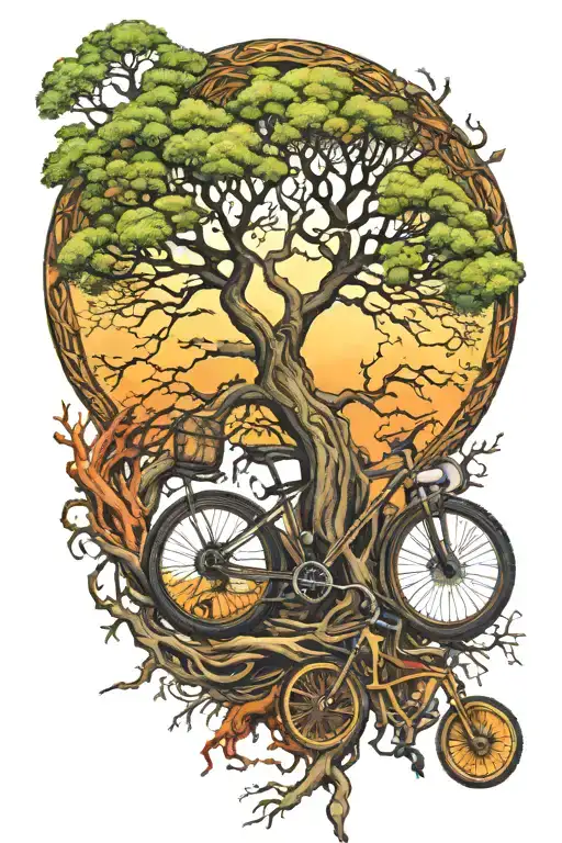tree of life with roots exposted full colour with golden sky and surrounded by a mountain bike tire  tattoo design idea