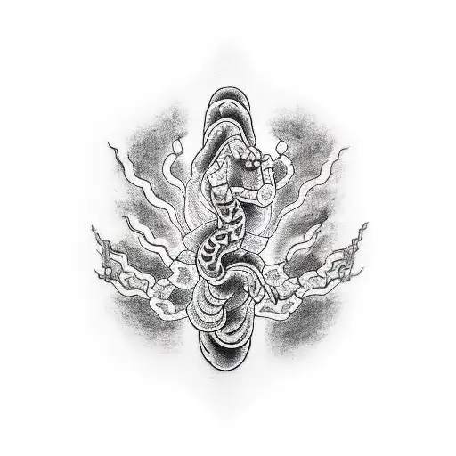 A tattoo depicting the hand gesture associated with the phrase 心臓を捧げよ, but with the hand's skin transformed into snake skin. tattoo design idea