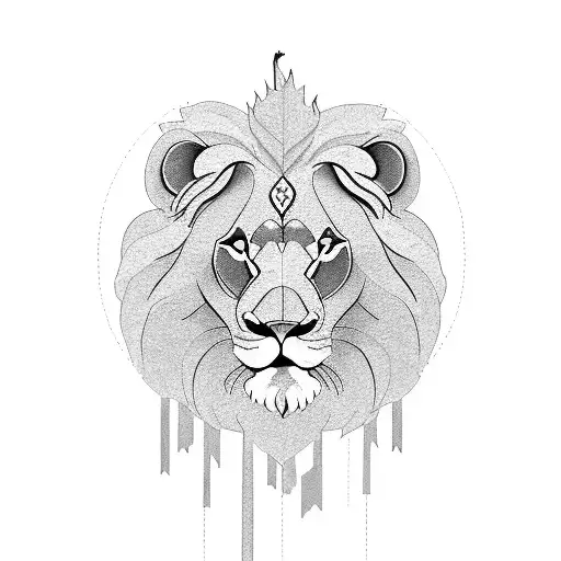 Lion sur une cascade et forêt en arrière plan tattoo design idea