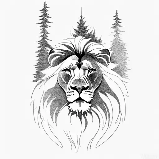Lion sur une cascade et forêt en arrière plan tattoo design idea