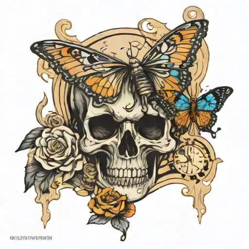 skull butterfly with sand clock tattoo design idea