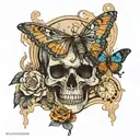 Neo-Traditional "Skull Butterfly With Sand Clock" Tattoo - BlackInk AI