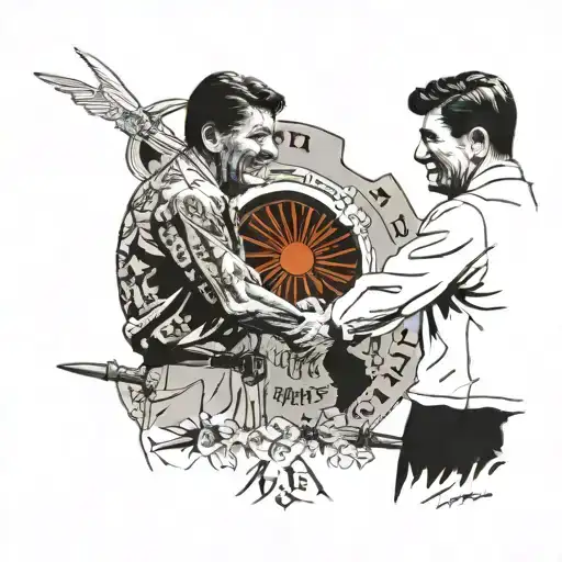 ronald reagan and kevin de bruyne shaking hands and signing a peace treaty tattoo design idea