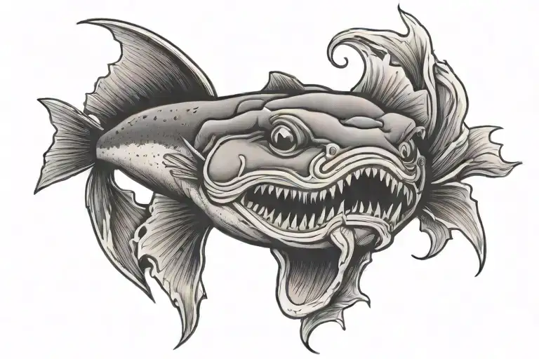 sideways catfish with hook thru mouth  tattoo design idea