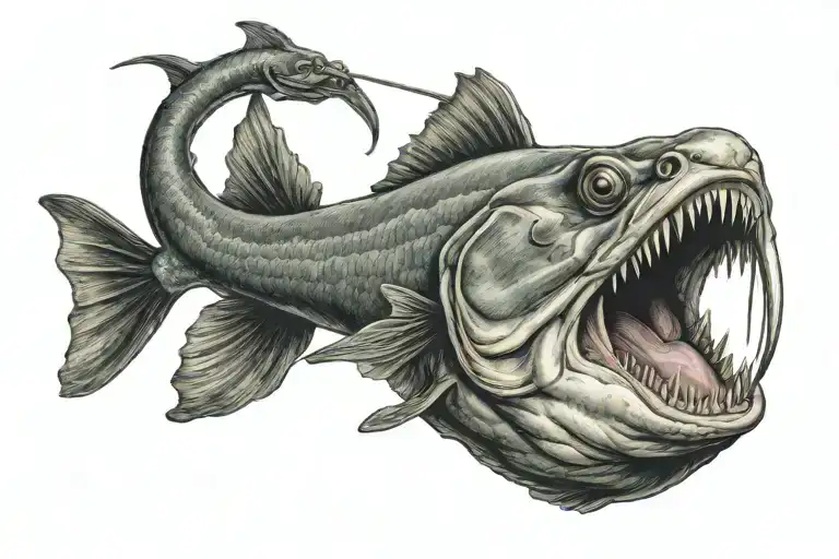 sideways catfish with hook thru mouth  tattoo design idea