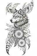 arm sleeve with dream catcher with indian feathers with wolf and a catfish and skull and bald eagle tattoo design idea