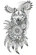 arm sleeve with dream catcher with indian feathers with wolf and a catfish and skull and bald eagle tattoo design idea