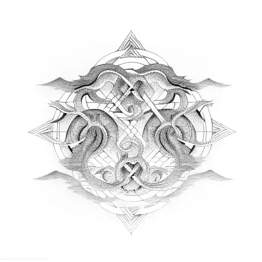 sacred geometry Japanese waves dragon tattoo design idea