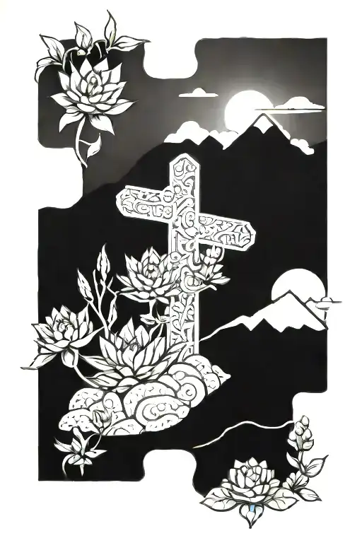 Cross and succulents with mountains behind it tattoo design idea