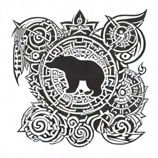 shoulder tribal tattoo with bear and symbols of B R and L  tattoo design idea