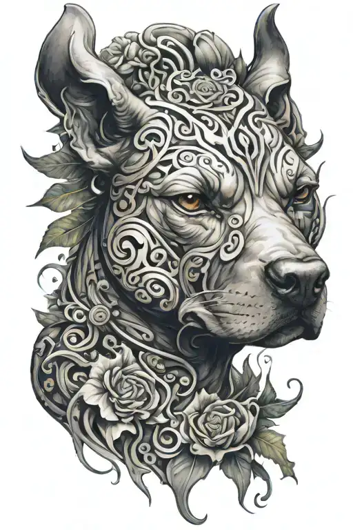A surreal composition of a Taurus symbol morphing into a pitbull, symbolizing transformation and protection tattoo design idea