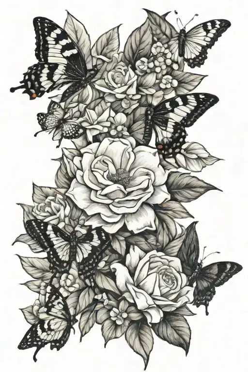 Gardenias with dragonflies and swallowtail butterflies tattoo design idea