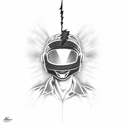 Combine the silhouette of Ayrton Senna with a lightning bolt background, in a dotwork tattoo. tattoo design idea