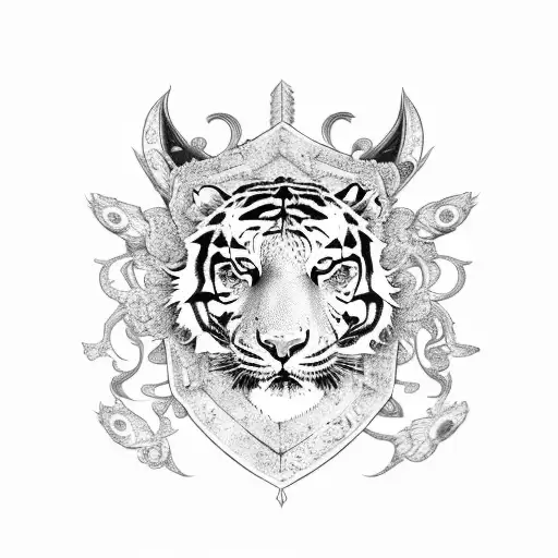 Tiger with armor and medusa head, with peacock feathers tattoo design idea