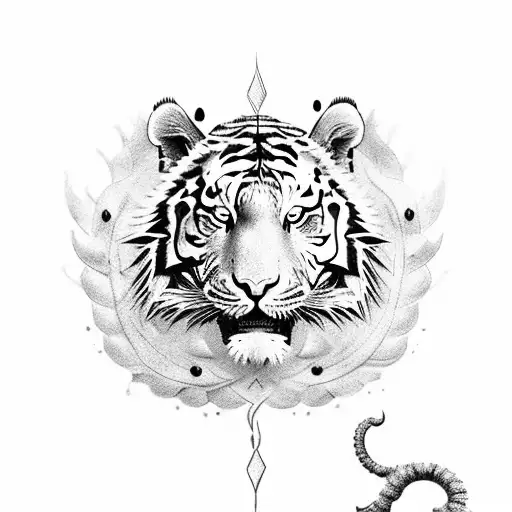 colored tiger body with armor and medusa head, with peacock feathers tattoo design idea