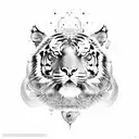 Tiger body with armor and medusa head, with peacock feathers tattoo design idea