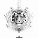 Tiger body with armor and medusa head, with peacock feathers tattoo design idea