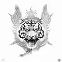 Tiger body with armor and medusa head, with peacock feathers tattoo design idea