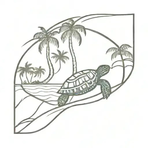 beach with palm trees sea turtle waves tattoo design idea