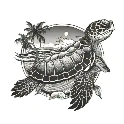 beach with palm trees sea turtle waves tattoo design idea