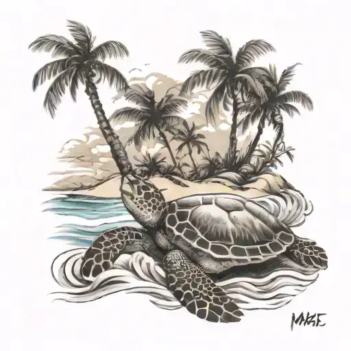 beach with palm trees sea turtle waves tattoo design idea