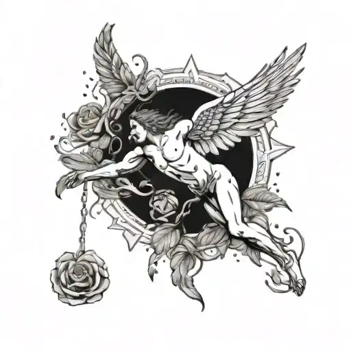 Icarus falling out of the sky on fire with the feathers burning into rose petals tattoo design idea