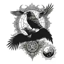 Mjillnir on bicep two ravens on the hammer, ydragsill on top, skol and hati chasing the sun and moon at the base, hellhi tattoo design idea