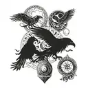 Mjillnir on bicep two ravens on the hammer, ydragsill on top, skol and hati chasing the sun and moon at the base, hellhi tattoo design idea