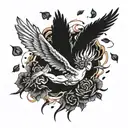 Icarus falling on fire with the feathers burning into rose petals tattoo design idea
