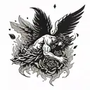 Icarus falling on fire with the feathers burning into rose petals tattoo design idea