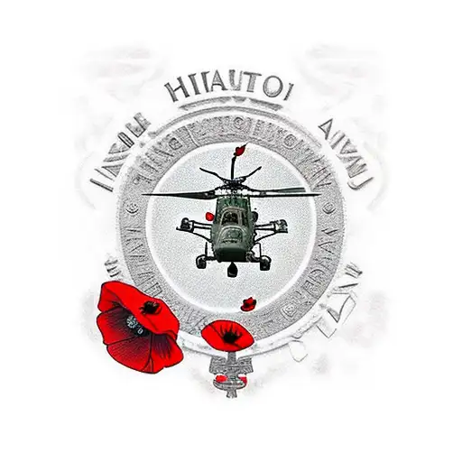 military memorial with UH-60 helicopters red poppies, dog tags with US ARMY and Hinkle Christopher B. 14 Jan 1971 tattoo design idea