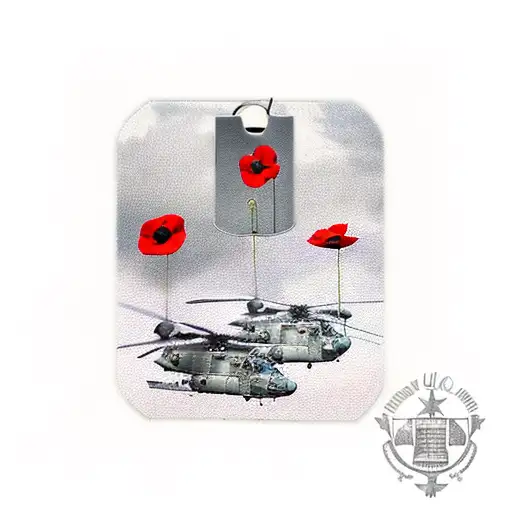 military memorial with UH-60 helicopters red poppies, dog tags with US ARMY and Hinkle Christopher B. 14 Jan 1971 tattoo design idea