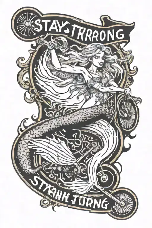 stay strong words, bmx, mermaid, weight plate tattoo design idea