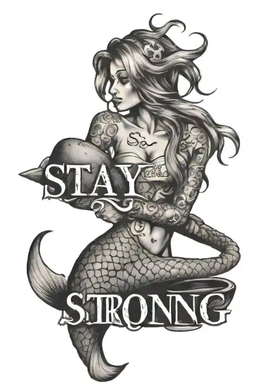 stay strong words with American handwriting style with mermaid, weight plate, bmx tattoo design idea